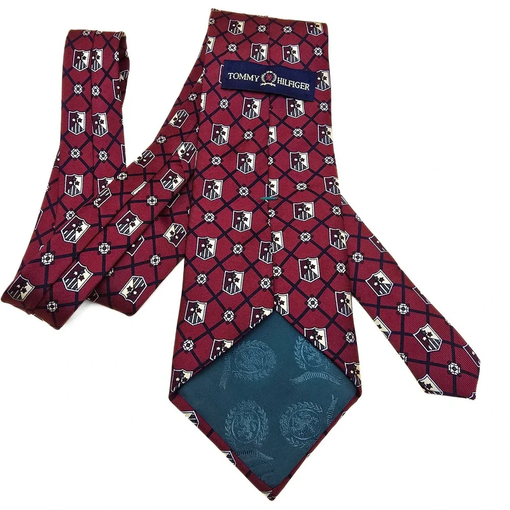 Tommy Hilfiger Mens Red Crest Lattice Silk Necktie‎ Italian Fabric Made in USA
